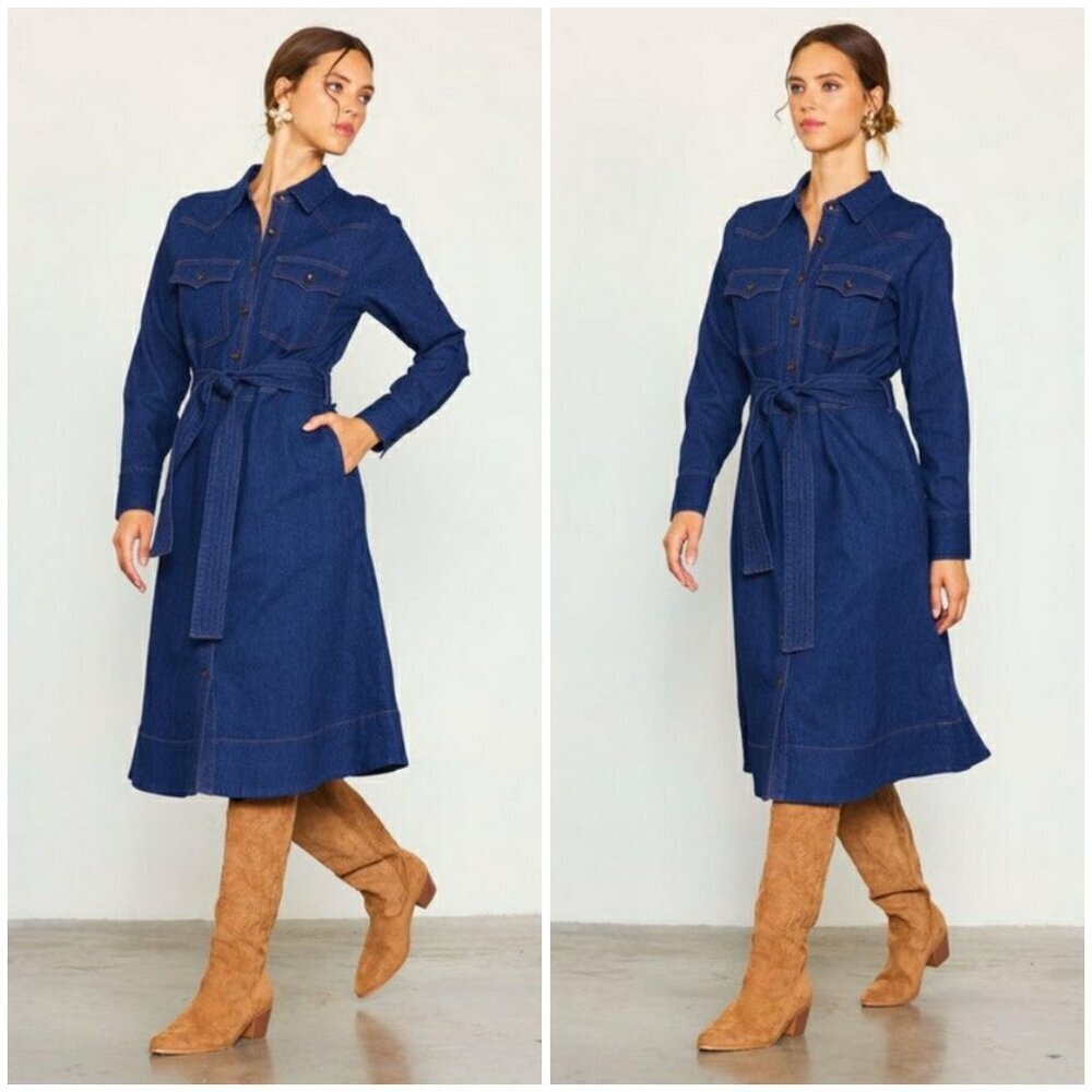 💕SKIES ARE BLUE💕 Long Sleeve Denim Shirt Dress ~ Dark Blue Large L NWT
